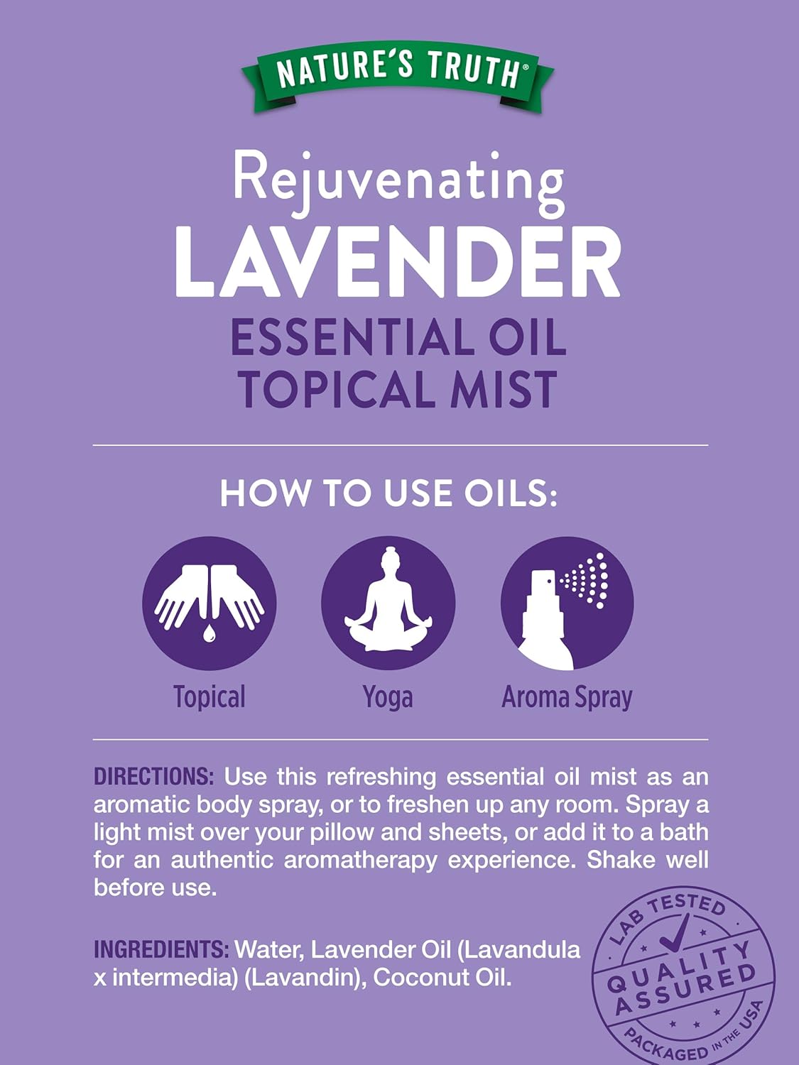 Nature's Truth Lavender Essential Oil Spray | 2.4 fl oz | for Room Aroma Mist, Topical Use, & Yoga